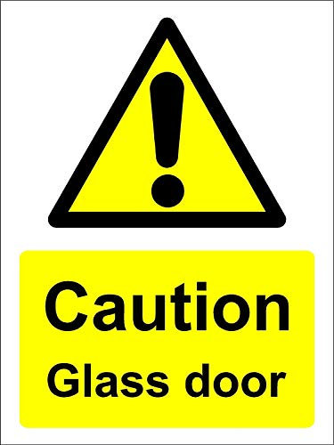 Caution glass door safety sign - Self adhesive sticker 200mm x 150mm Reverse window sticker