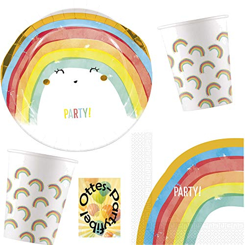 HHO Regenbogen-Party-Set Rainbow-Party Sommerparty 36tlg. für 8 Gäste Teller Papp-Becher Servietten