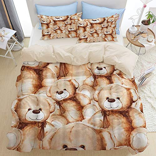 ASNIVI Bettwäsche-Set Einzelbetten,3D-Bedruckt,Karikatur-reizendes Teddybär-Spielzeug Brown,mit Reißverschluss,1 Bettwäsche 135x200cm und 2 mal 50 x 80cm Kissenbezug