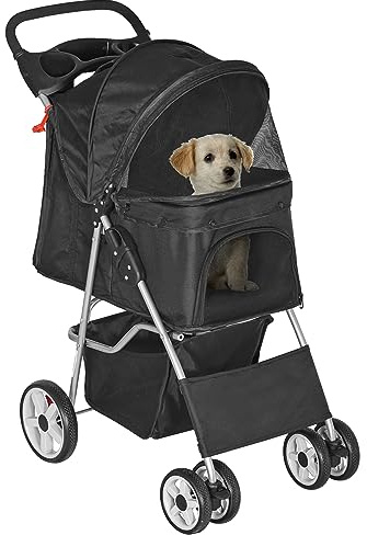 Epetlover Faltbarer Haustier-Kinderwagen für Katzen/Welpen, Reise-Jogger Haustier-Transportwagen mit 4 Rädern, Wetterschutz, Aufbewahrungskorb + Getränkehalter, schwarz