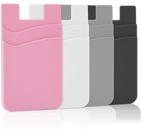 SS Card Holder for Back of Phone, Cell Phone Wallet Stick-on Credit Card Sleeve Pocket Silicone Pouch Compatible for iPhone, Samsung Galaxy and Most SamrtPhones 4 Pack