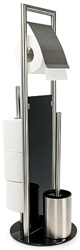 WENKO Stand WC-Garnitur Mod. Ravina 3in1 Edelstahl matt mit Toilettenpapierhalter Ersatzrollenhalter und Bürstenhalter Ø 20 x 70 cm Silber matt