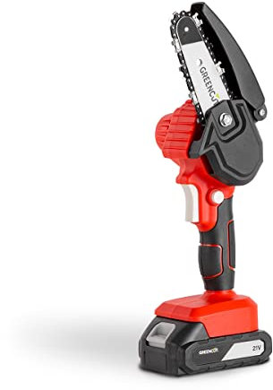 GREENCUT GSM210L - Mini motosierra de mano inalámbrica de bateria de litio 21V, espada 101.6 mm, longitud corte 10 cm, podar ramas, 1 kg, incluye 1 batería + 1 cargador, rojo