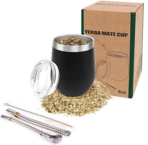 8Oz Yerba Mate Gourd Set - Stainless Steel Modern Cup With 2 Bombilla Straws, Cleaning Brush, BPA-Free Lid - Double-Walled for Hot & Cold Drinks, Ideal for Tea and Coffee