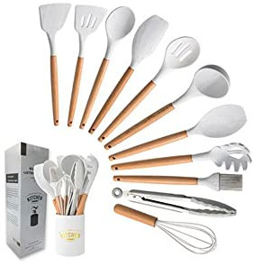 Silicon Cooking Kitchen Utensil Spatula Set Tool with Holder, 100% Eco-Friendly and Food Safe Material, Nonstick Heat Resistance Cookware with Wooden Handle (Pack of 12 - White)