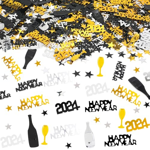 DPKOW Schwarz Gold Konfetti Streudeko Silvester Deko 2026, Frohes Neues Jahr Konfetti für Silvester Tischdekoration, Silvester Partyzubehör für Neujahr Partygeschenke Happy New Year Dekorationen