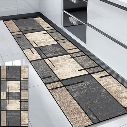 HUAXIQUE Küchen Teppiche Läufer Waschbarer Klein Geometrische Muster Outdoor Teppich Wetterfest Terasse Grau Beige Teppich Läufer für Wohnzimmer Flur Büro Schlafzimmer Küche 90x300cm Stil A