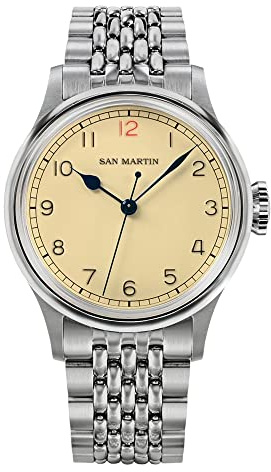 San Martin SN0105-NB Vintage Pilot Herrenuhren NH35 einfache hellgelbe Edelstahl automatische mechanische Armbanduhr, mit Logo, Mechanisch