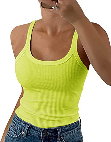 GEMBERA Camiseta de tirantes delgados para mujer, cuello redondo, acanalada, ajustada, camisola de algodón, básica, sin mangas, Verde neón, Large