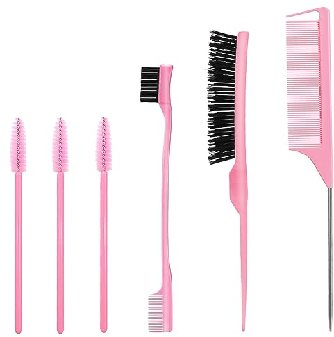 6 Stück Haarkamm-Set, Borsten Haarbürste Kamm Pflege Kanten Bürste, Kämme Robuster Rattenschwanz Kamm, Sleek Bun Bürste, Edges Brush, Borsten Bürste Haare, Geeignet für Friseure und Damen (Rosa)