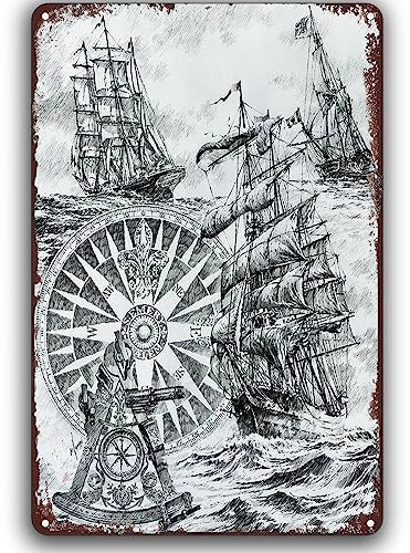 Piratenschiff Vintage Metallschild altes Segelschiff Navigation Kompass Kunst Poster Metall Wandplatte Halloween Dekor für Zuhause Küche Bar Vintage Retro Plakette Poster 14 x 20 cm