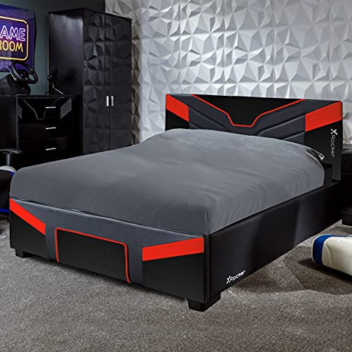 X-Rocker Cerberus Gaming Bed, 4ft Small Double Bedstead Frame, Wooden Slats, PU Faux Leather Upholstered Headboard, Low Footboard, Ideal for Teens, Kids, Children, Gaming Inspired Red Black 120x190cm