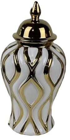 perfk Porzellan-Ingwerglas, Porzellan-Dekorglas, Tisch, Blumenarrangement, Keramik-Ingwerglas-Vase mit Deckel für Büro, Zuhause, Party, S Weiß und Gold