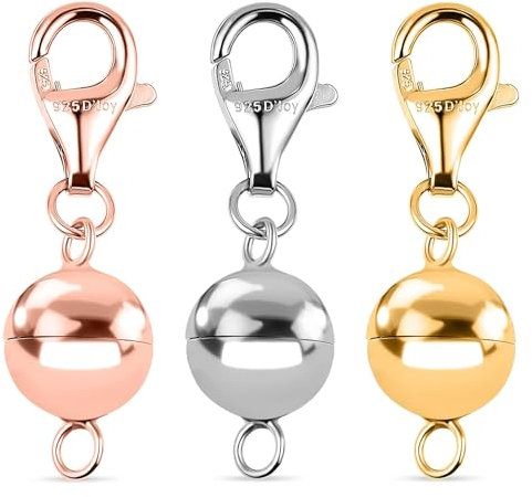Set of 3 Magnetic Ball Lock with Lobster Clasp in Silver Rose and Yellow Gold Plated Lightweight and Easy to wear Dual-Clasp Design Jewellery Metal Weight 1 Grams