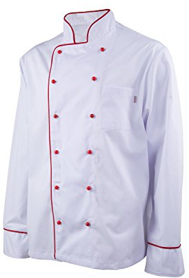 Clinotest Kochjacke langarm in weiß mit verschiedenen farbigen Paspelierungen und farbigen Kugelknöpfen (DE/NL/SE/PL, Alphanumerisch, 5XL, Regular, Regular, weiß/rot)