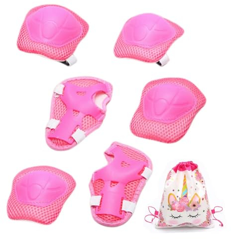AYNKH 6PCS Kids Knee Pads Wrist Guards Elbow Protective Set with Unicorn Drawstring Bag, 3-12 Years Old Girls Kids Adjustable Comfortable Gear for Roller Skates Scooter Skating Riding Cycling