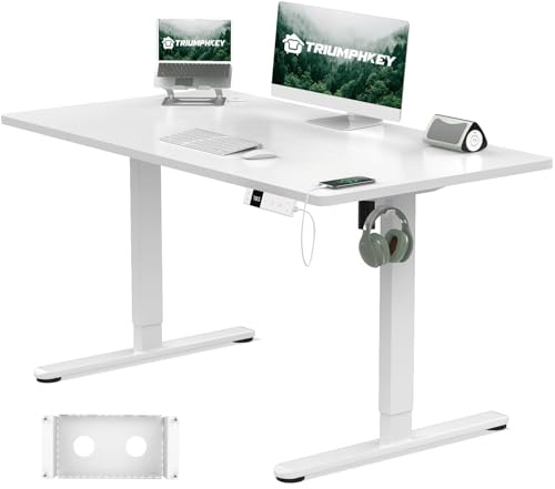 TRIUMPHKEY Bureau Assis Debout 120x80cm avec Prise Type-C, Bureau Réglable en Hauteur avec Bac de Gestion des Câbles, 3 Mémoires de Hauteur, Blanc