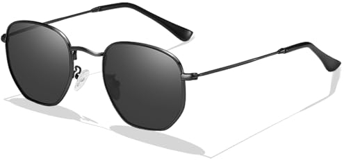 LOJUDI Polygon Sonnenbrille Damen Herren Polarisiert - Metallrahmen Eckig Retro Sonnenbrille-Schwarz/Schwarz