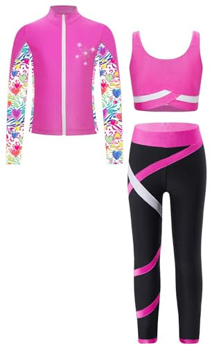 Jhaoyu Spor Set Mädchen Trainingsanzug 3tlg Jogginganzug Sport BH Und Leggings Set Mit Sweatjacke Kinder Gym Fitness Laufen Yoga Workout Outfit Hot Pink 134-140