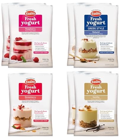 EasiYo Joghurt 7er-Sachet-Packung | Mischpackung Dessert 2 | 2 x Vanille, 2 x Griechischer Stil Natur, 2 x Himbeere, 1 x Erdbeere | Jeder Beutel ergibt 1 kg Joghurt