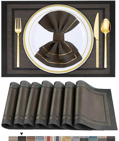ARTAND Platzsets Abwaschbar 6er Set Vinyl Tischsets für Esstisch Küchen Platzset Dauerhaft PlatzdeckenTischzubehör -6er Set, 01 Schwarz Gold