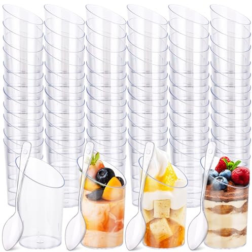 MUXHEL 100Set Plastic Dessert Cups 60ml Clear Mini Dessert Cups with Spoons Angled Round Cheesecake Pots Reusable Dessert Pots for Chocolate Cheesecake Desserts Appetizers Fruit Mousse Pudding