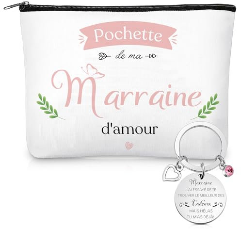 Xuniea 2 Pièces Cadeaux pour Marraine Cadeau Marraine Trousse et Porte Clé Pochette pour Baptême Demande Noël Anniversaire(Petite Bannière)