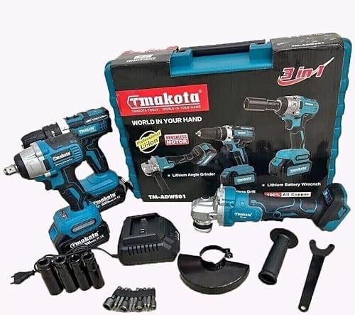 Generico kit 3in1 trapano avvitatore, svita bulloni a impulsi, smerigliatrice a 2 batterie con valigia e caricabatteria
