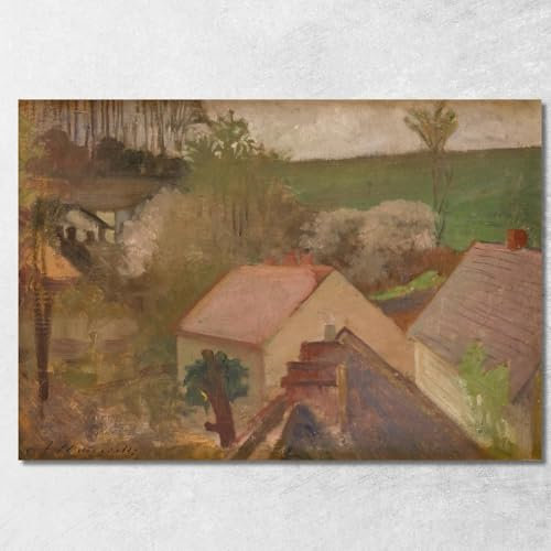 Paesaggio di Campagna con Case Jacek Malczewski, jml18 Quadro Stampato su Tela Fine Art, Intelaiato Pronto da Appendere, Alta qualità, 130x90 cm