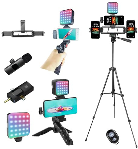 Litchitech Vlogging-Kit für iPhone, Vlogging-Kit für Android-Handy, Vlogging-Kamera-Set, mit mehreren Halterungen, RGB-Licht, Lavalier-Mikrofonstativ, 152,4 cm Fernbedienung