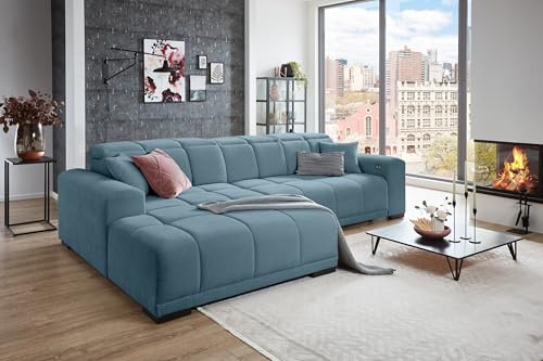 möbelando Wohnlandschaft >Puppet< in Azure, Ottomane Links, elektrische Sitztiefenverstellung, Metallfüße schwarz, Nosagunterfederung, Polyätherschaum, inkl. 2 Zierkissen, 301x81-113x195 cm (BxHxT)