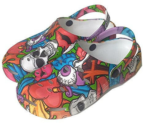 ZOCODIP Zuecos Sanitarios Mujer Pro Divertidos Trabajo Cómodos de Goma Ligeros Laboral Enfermera y Hostelería con Diseño Dibujos Hidroimpresión Calaveras de Colores. 44