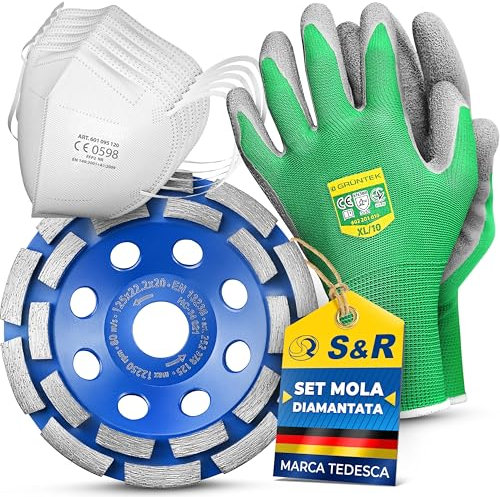 S&R Diamantschleiftopf Set 3-tlg, 1 Schleiftopf, 1 Paar Arbeitshandschuhe, 5 Staubschutzmasken, 125 x 22,23 mm für Beton, Granit, Naturstein, Stein, Mauerwerk, 2-reihig, für Winkelschleifer