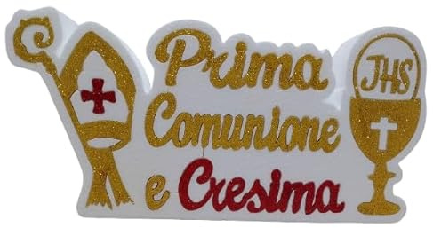 Scritta Prima Comunione e Cresima Scultura in Polistirolo 40 x 20 cm. con Calice, Cappello Vescovile e Bastone