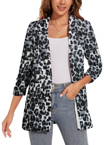 LADI TREND Women Long Lapel Blazer One Button Suit Jackets Office Causal Outwear (Leopard-Black White L)