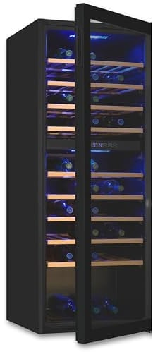 Exquisit® Vinoteca, 78 Botellas, Clase G, 194 Litros, Rango Temperatura 5ºC a 20ºC, 9 Estantes de Madera, Tirador Integrado, Consumo 153 kWh/año, Medidas 128,5x49x57,5 Cm.