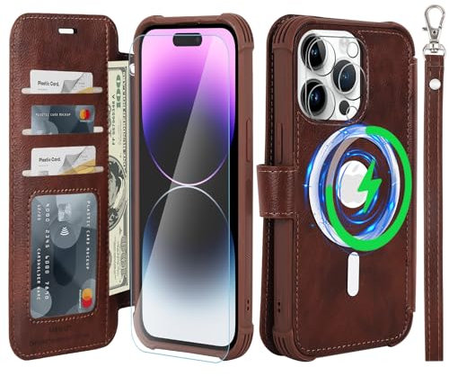 VANAVAGY Wallet Case Compatible for iPhone 14 Pro Max for Magsafe Wireless Charging,Leather Flip Wrist [Glass Screen Protectors]with RFID Blocking Card Holder,Brown