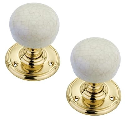 Infinity Decor Pair of Vintage Style Ceramic Mortice Door Knobs Pull Handles on Polished Brass Rose 60mm – Ideal for Interior & Exterior Doors  