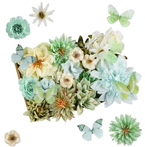 Joyblossom 36 Pièces Fleurs Artificielles, Fleur en Tissu, Petite Tête de Fleur Artificielle Mélangée, Fausse Fleur Decoration pour DIY Scrapbooking Mariage Gâteau Fête Jardin Artisanat, Vert