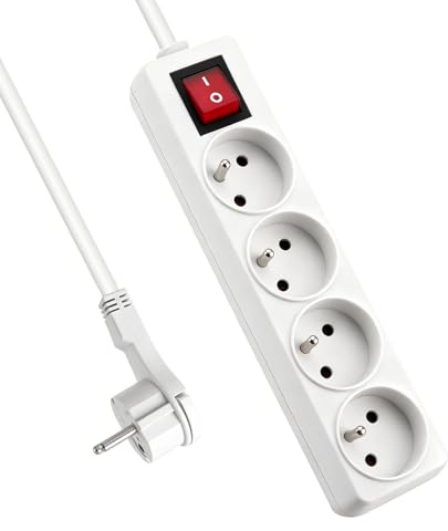 EXTRASTAR Bloc Multiprise 4 Prises 16A avec Interrupteur, Fiche Plate 3.0 m Blanc