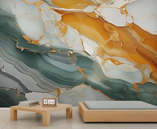 Marble Mural Dark Grey White Orange Cracked Agate Texture Accent Wallpaper Nature Luxury Gold Foil Wallpaper Modern Kids Wall Paper for Bedroom Living Room Sofa Tv Background Wall Mural Poster Decor