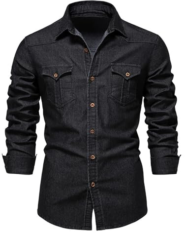 Aunribor Men's Denim Shirts Regular Fit Cotton Long Sleeve Shirt | Button-Down, with Pockets, Classic Top, Casual, Everyday Wear, Spring, Fall