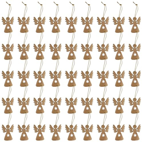 50 Stück Engel zum Aufhängen Weihnachtsschmuck, Natur Engel zum Aufhängen Holz,Holz Engel Anhänger,Dekoration Weihnachtsbaum,Schutzengel Glücksbringer, Weihnachten Deko DIY (braun Engel mit Sterne)