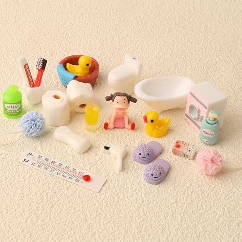 HERZWILD 23pcs Wichtel Zubehör Miniatur Wichtelzubehör Bade-Set für Wichteltür Weihnachten Deko und Puppenhaus, Wichtel Wasch Set Badeutensilien mit Mini Zahnpasta Zahnbürste Klopapie Shampoo (A)
