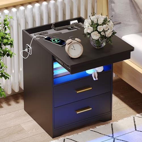 FREDEES Bedside Table with Hidden Drawer for Bedroom, Black | Charging Station, 3-Color LED Lights, Smart Human Sensor Design, Ample Storage Space, Open Compartments