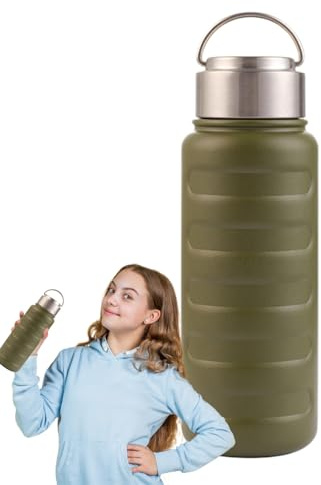 Krmoau Borraccia in acciaio inox, per escursioni, 1 l, per sport all'aria aperta, campeggio, scuola, ciclismo