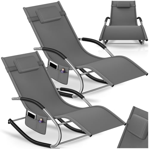 tectake® Gartenliege mit Seitentasche, Relaxliege, Liegestuhl Schaukelstuhl, Sonnenliege, Schaukel Outdoor Gartenmöbel, Terrasse, Balkonmöbel, Pool Garten, Lounge Möbel Outdoor - grau, 2er Set