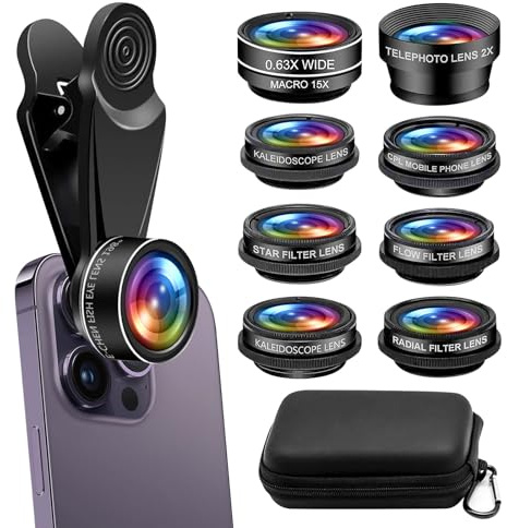 GOMETY 10 in 1 Handy Objektiv, Handy Kamera objektiv 198° Fischaugenobjektiv, 0.63x Weitwinkel, 15x Makroobjektiv Kaleidoscope CPL/Star Filter Telephoto Universal Kameraobjektiv für meisten Smartphone
