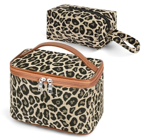 Adiwo Lot de 2 Trousses de Maquillage, Grande et Petite, Trousse de Toilette Voyage Femme Léopard, Grand Capacité, Trousse de Maquillage à Motif Léopard pour Rangement Voyage, Quotidien