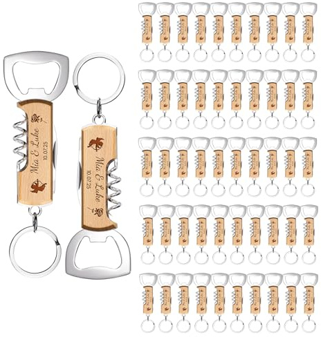 50 Pezzi Portachiavi Apribottiglie Personalizzato, Cavatappi Personalizzato in Legno, Bomboniere Matrimonio, Incisione su Entrambi i Lati con Nomi e Lloghi